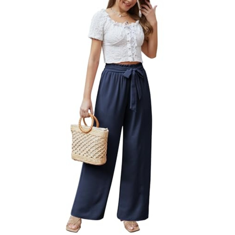 Feiersi 여성 캐주얼 와이드 레그 팬츠 하이 웨이스트 비즈니스 작업 캐주얼 바지 Loose Flowy Beach Palazzo Pants