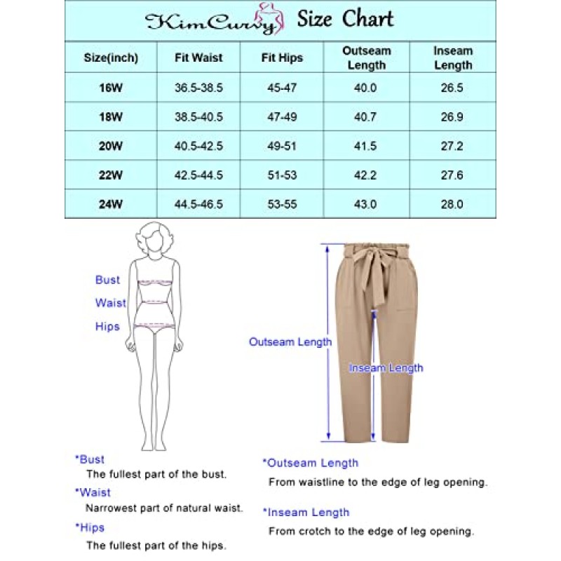 KIMCURVY 플러스 사이즈 여성용 자른 종이 가방 바지 작업 및 캐주얼 데이를위한 나비 매듭 포켓이있는 하이 웨이스트 바지