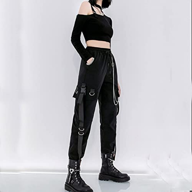 MEINVQIAOTI 여성용 블랙 카고 바지 Techwear 여성 루즈 스트리트 록 스타일 캐주얼 블랙 바지 (체인 고스 바지 포함)