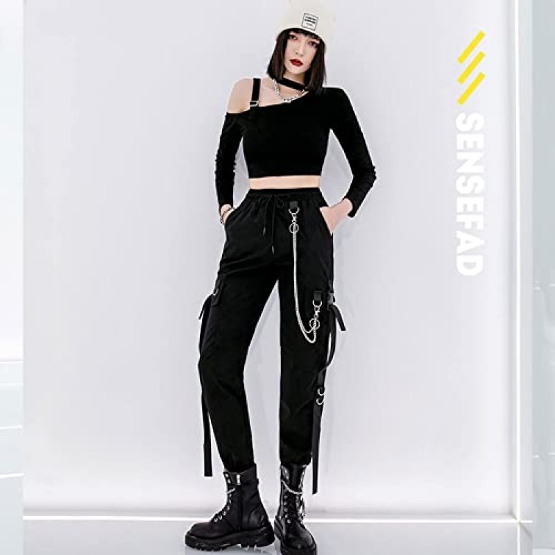 MEINVQIAOTI 여성용 블랙 카고 바지 Techwear 여성 루즈 스트리트 록 스타일 캐주얼 블랙 바지 (체인 고스 바지 포함)