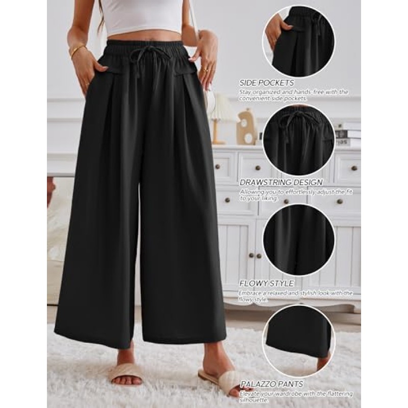 ZJCT 여성용 와이드 레그 팬츠 캐주얼 루즈 플로위 팬츠 드로우 스트링 허리 여름 Boho Palazzo Pant Trousers with Pockets