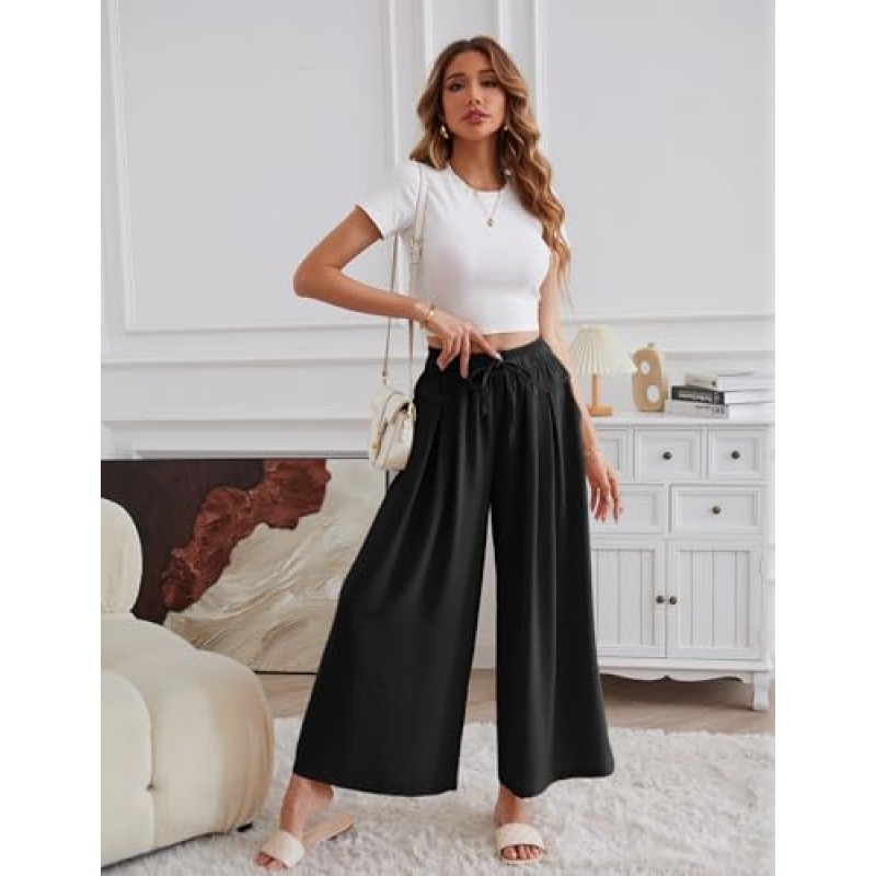 ZJCT 여성용 와이드 레그 팬츠 캐주얼 루즈 플로위 팬츠 드로우 스트링 허리 여름 Boho Palazzo Pant Trousers with Pockets