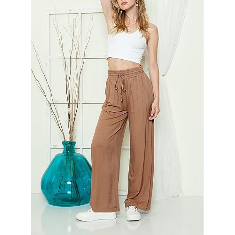 Acelitt 여성용 와이드 레그 팬츠 고탄성 허리 Flowy Palazzo Pants 여름 캐주얼 루즈한 편안한 바지 (포켓 포함)