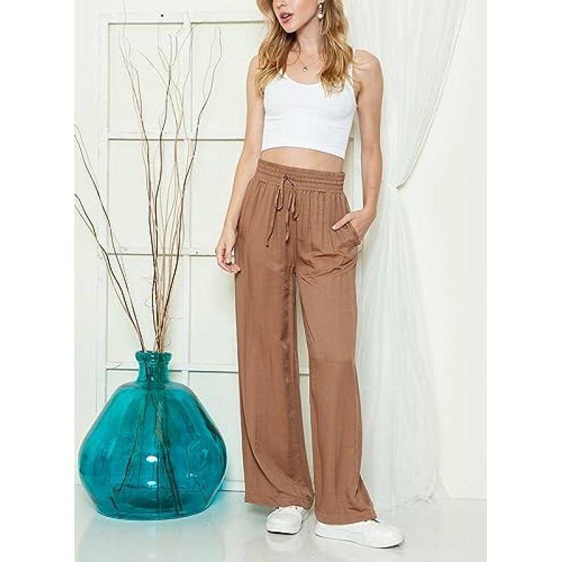 Acelitt 여성용 와이드 레그 팬츠 고탄성 허리 Flowy Palazzo Pants 여름 캐주얼 루즈한 편안한 바지 (포켓 포함)