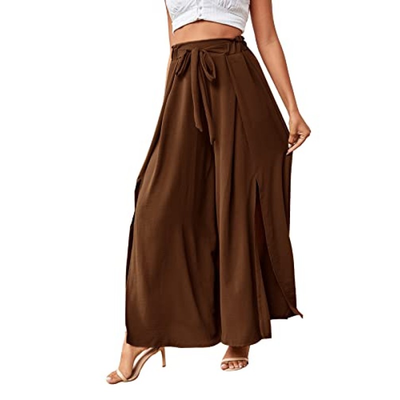 LYANER 여성용 타이 프론트 하이 웨이스트 사이드 스플릿 슬릿 Flowy Wide Leg Pleated Pant with Belt