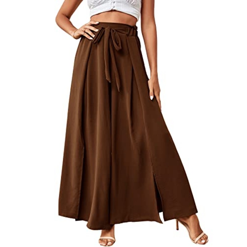 LYANER 여성용 타이 프론트 하이 웨이스트 사이드 스플릿 슬릿 Flowy Wide Leg Pleated Pant with Belt