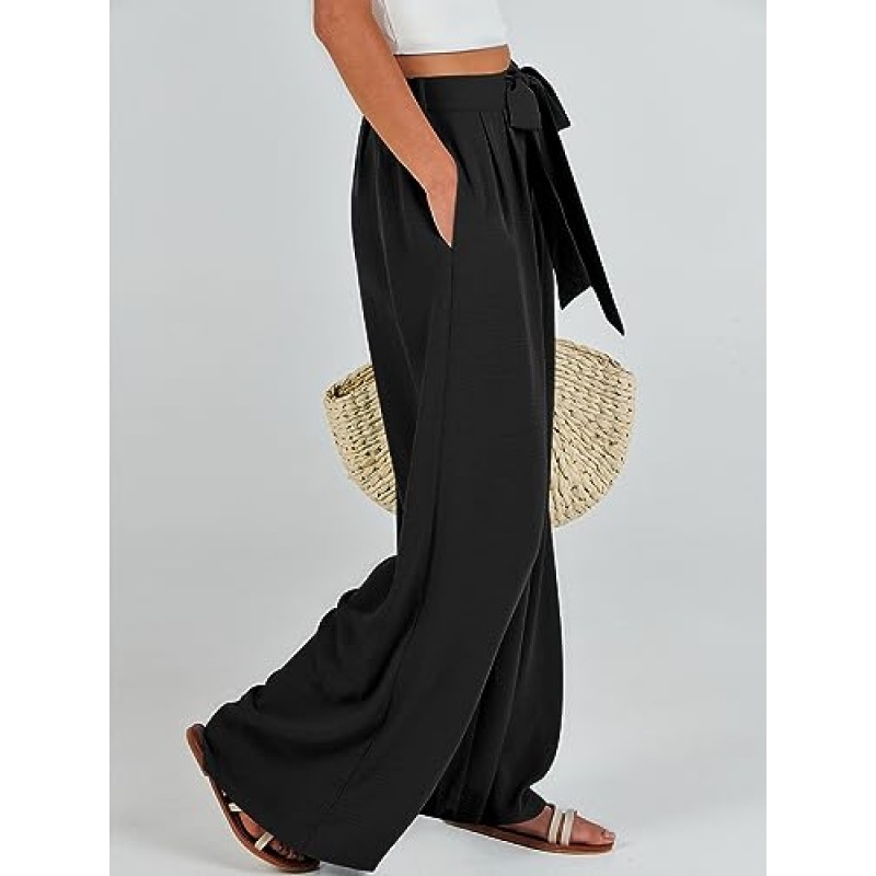 Caracilia Womens Wide Leg Palazzo Pants 하이 웨이스트 조절 가능한 타이 매듭 유동 바지 주머니가있는 캐주얼 루즈 라운지 바지