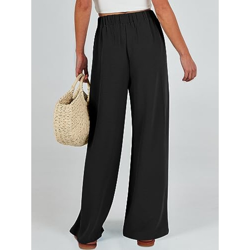 Caracilia Womens Wide Leg Palazzo Pants 하이 웨이스트 조절 가능한 타이 매듭 유동 바지 주머니가있는 캐주얼 루즈 라운지 바지