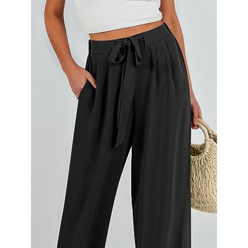 Caracilia Womens Wide Leg Palazzo Pants 하이 웨이스트 조절 가능한 타이 매듭 유동 바지 주머니가있는 캐주얼 루즈 라운지 바지