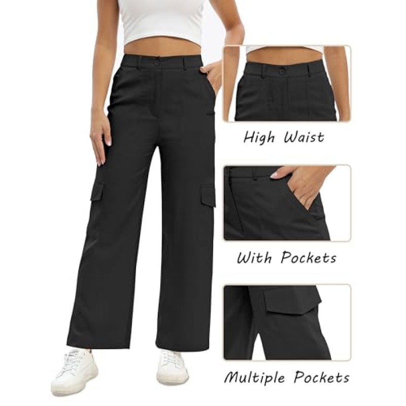 여성용 Baccarri 카고 바지 하이 웨이스트 캐주얼 바지 Dressy Fit Trousers Pants with 6 Pockets for Work Business