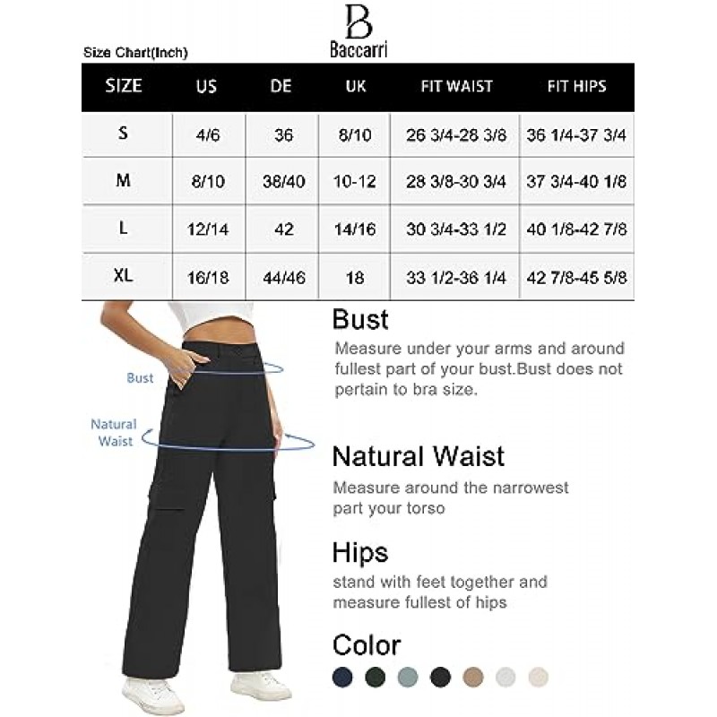 여성용 Baccarri 카고 바지 하이 웨이스트 캐주얼 바지 Dressy Fit Trousers Pants with 6 Pockets for Work Business