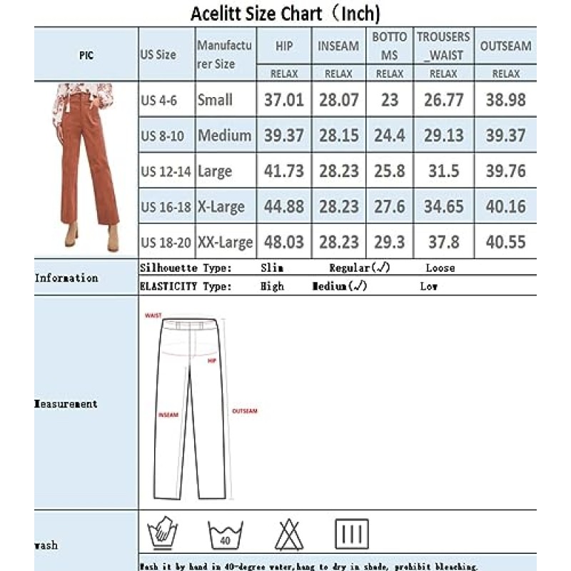 Acelitt 여성 캐주얼 가을 스트레이트 레그 신축성 있는 허리 코듀로이 바지(포켓 포함), S-XXL