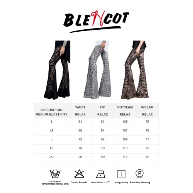 BLENCOT 스팽글 바지 여성용 하이 웨이스트 벨 보텀 글리터 와이드 레그 팔라조 팬츠 나이트 클럽 스파클 플레어 바지