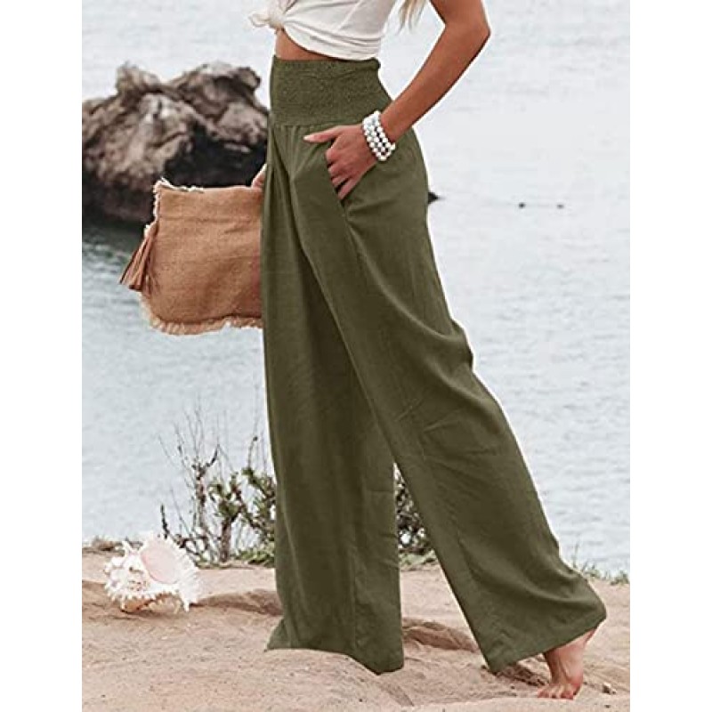 Lingjiazi Womens Linen Palazzo Pants Elastic Smocked 하이 웨이스트 와이드 레그 팔라초 비치 라운지 바지 주머니가 있는 바지