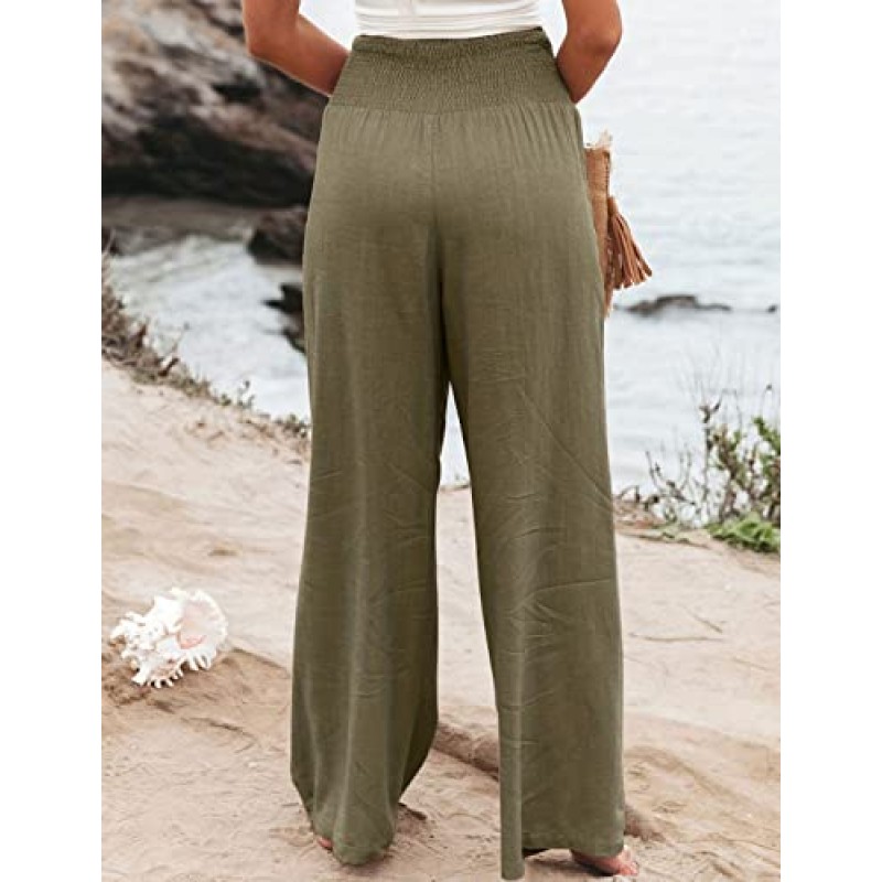 Lingjiazi Womens Linen Palazzo Pants Elastic Smocked 하이 웨이스트 와이드 레그 팔라초 비치 라운지 바지 주머니가 있는 바지