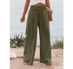 Lingjiazi Womens Linen Palazzo Pants Elastic Smocked 하이 웨이스트 와이드 레그 팔라초 비치 라운지 바지 주머니가 있는 바지