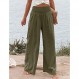 Lingjiazi Womens Linen Palazzo Pants Elastic Smocked 하이 웨이스트 와이드 레그 팔라초 비치 라운지 바지 주머니가 있는 바지