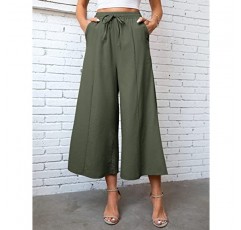 KTILG 여성 리넨 바지 Palazzo Wide-Leg Drawstring 캐주얼 루즈 크롭 신축성있는 허리 코튼 비치 바지 퀼로트 바지