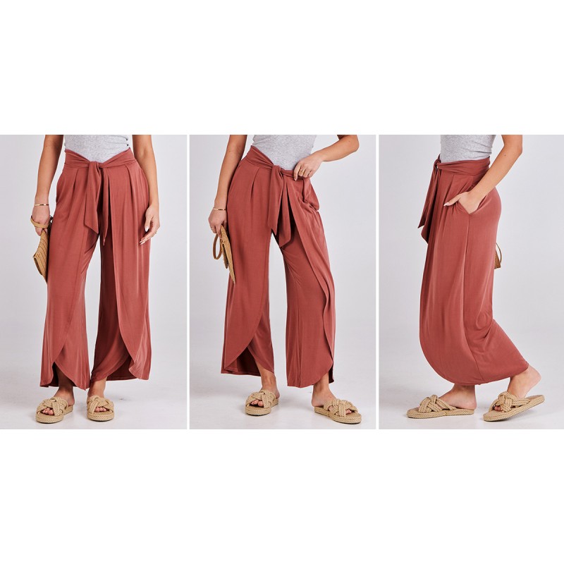 ANRABESS 여성 여름 와이드 레그 팬츠 타이 프론트 루즈 플로위 하이 웨이스트 캐주얼 슬릿 Boho Lounge Palazzo Pants Trousers