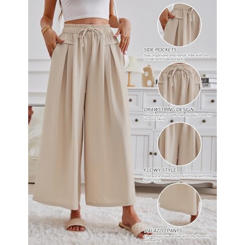 ZJCT 여성용 와이드 레그 팬츠 캐주얼 루즈 플로위 팬츠 드로우 스트링 허리 여름 Boho Palazzo Pant Trousers with Pockets