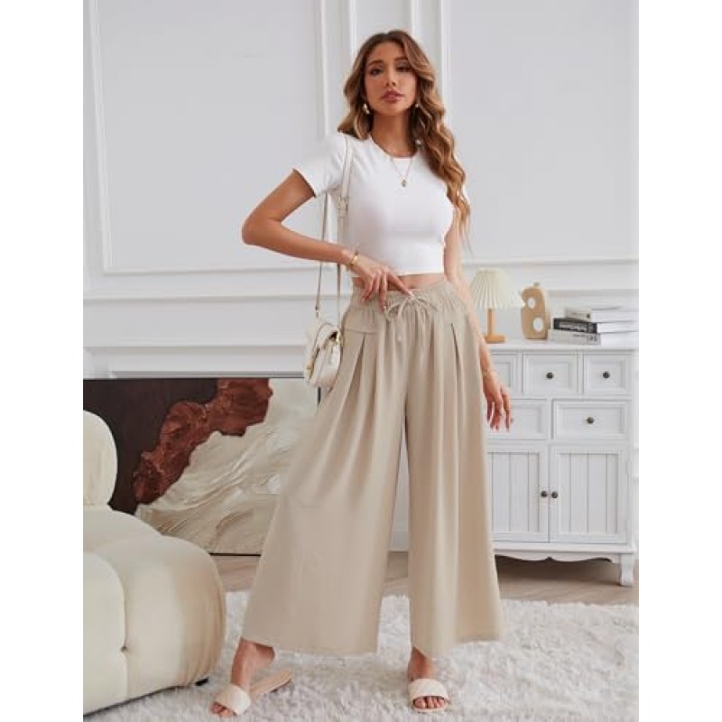 ZJCT 여성용 와이드 레그 팬츠 캐주얼 루즈 플로위 팬츠 드로우 스트링 허리 여름 Boho Palazzo Pant Trousers with Pockets