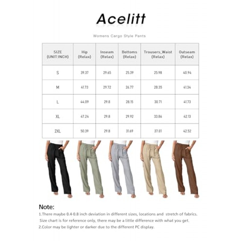 Acelitt Womens 하이 웨이스트 헐렁한 카고 바지 캐주얼 드로우스트링 탄성 스트레이트 레그 포켓이 있는 편안한 바지