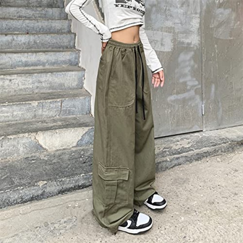 Linsennia 낙하산 바지 여성용 와이드 레그 카고 바지 Y2k 포켓 포함 헐렁한 캐주얼 하라주쿠 streetwear Goth