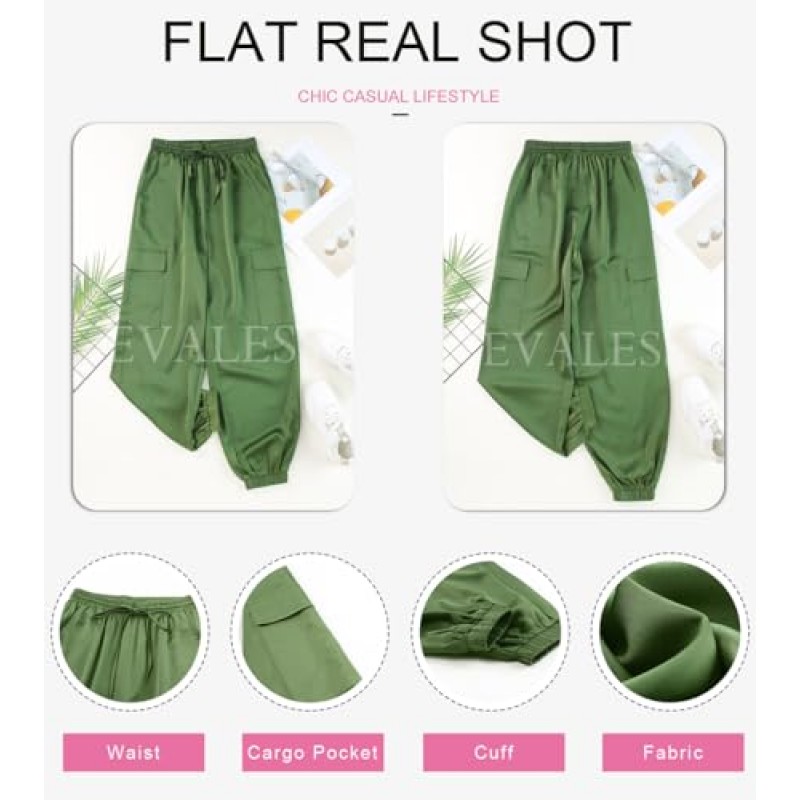 EVALESS 새틴 조깅 여성용 Drawstring Elastic High 허리 스트레이트 레그 카고 바지 포켓이있는 긴 라운지 바지 바지