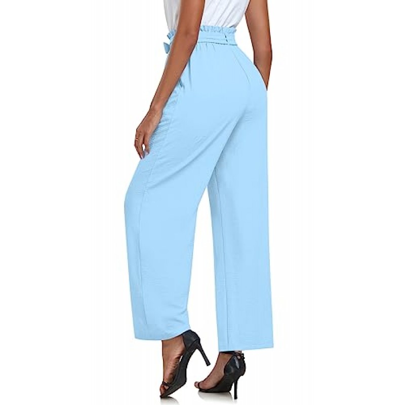 Findsweet Womens Wide Leg Pants Drawstring 하이 웨이스트 루즈 캐주얼 바지 긴 스트레이트 벨트 바지 포켓이 있는 바지