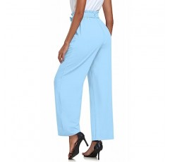 Findsweet Womens Wide Leg Pants Drawstring 하이 웨이스트 루즈 캐주얼 바지 긴 스트레이트 벨트 바지 포켓이 있는 바지