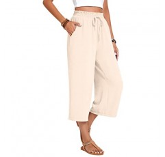 Anyhold Womens Capri Pants 루즈한 하이 웨이스트 와이드 레그 라운지 바지 Drawstring Causal Palazzo Pants Pocket with Pockets