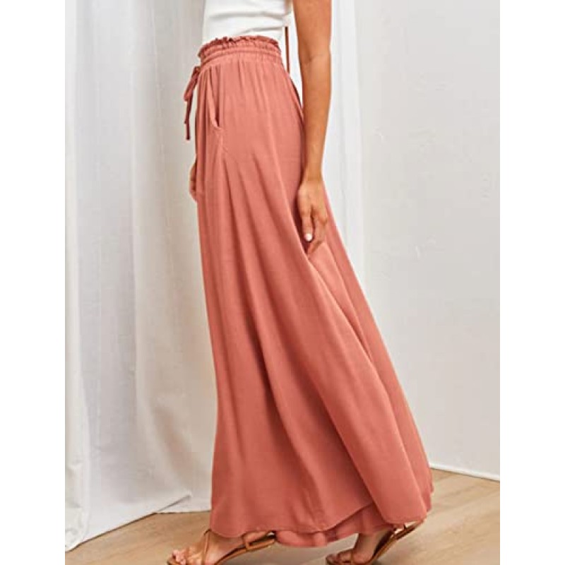 Jenkoon 여성 캐주얼 와이드 레그 팬츠 경량 드로우스트링 신축성 있는 허리 흐르는 바지 Palazzo Elastic Summer Trousers