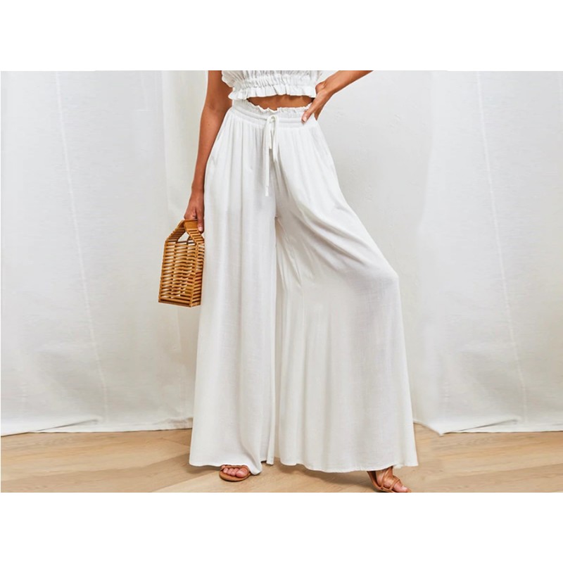 Jenkoon 여성 캐주얼 와이드 레그 팬츠 경량 드로우스트링 신축성 있는 허리 흐르는 바지 Palazzo Elastic Summer Trousers