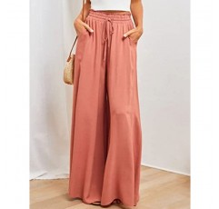 Jenkoon 여성 캐주얼 와이드 레그 팬츠 경량 드로우스트링 신축성 있는 허리 흐르는 바지 Palazzo Elastic Summer Trousers