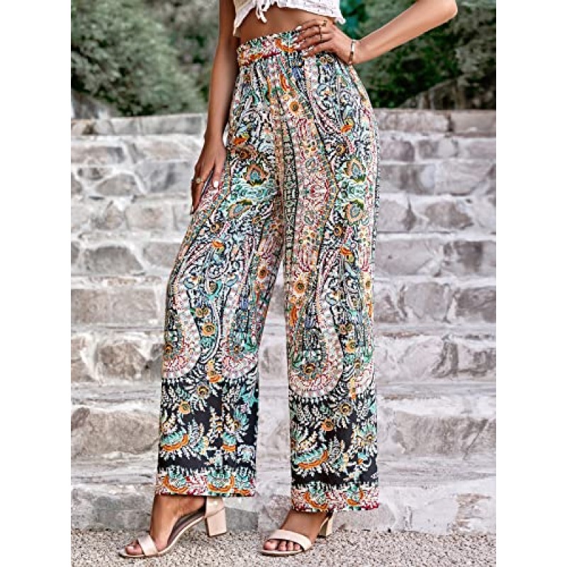 OYOANGLE 여성용 꽃 무늬 하이 웨이스트 루즈 와이드 레그 팬츠 Boho Palazzo Trousers