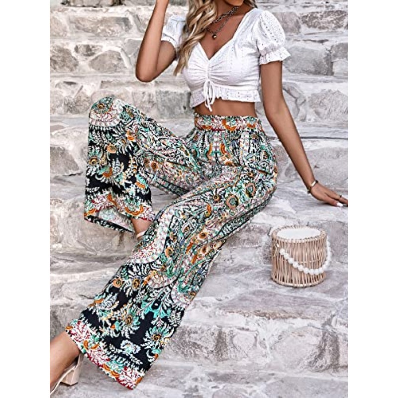 OYOANGLE 여성용 꽃 무늬 하이 웨이스트 루즈 와이드 레그 팬츠 Boho Palazzo Trousers