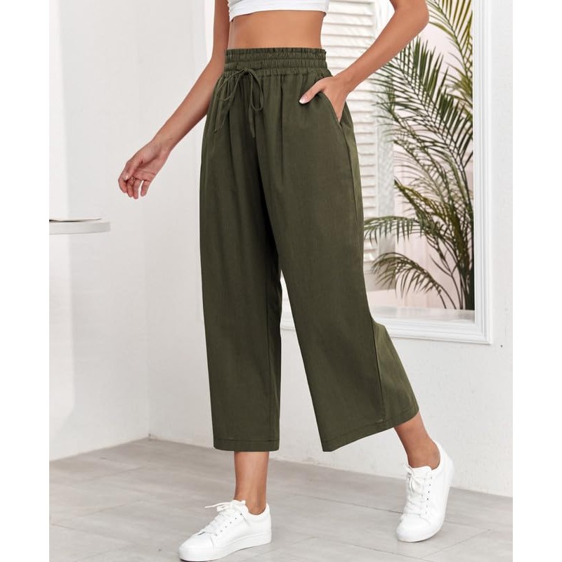 REDMORE 여성용 하이 웨이스트 리넨 바지 여름 와이드 레그 카프리 경량 캐주얼 드로우 스트링 바지 Palazzo Pants