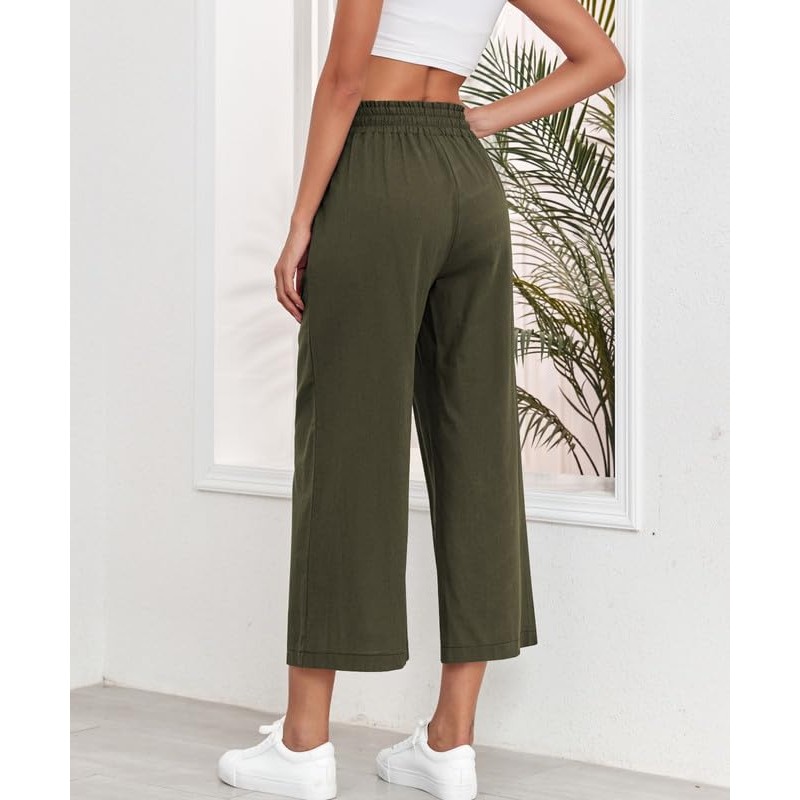 REDMORE 여성용 하이 웨이스트 리넨 바지 여름 와이드 레그 카프리 경량 캐주얼 드로우 스트링 바지 Palazzo Pants