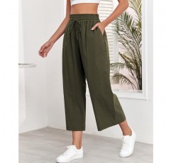 REDMORE 여성용 하이 웨이스트 리넨 바지 여름 와이드 레그 카프리 경량 캐주얼 드로우 스트링 바지 Palazzo Pants