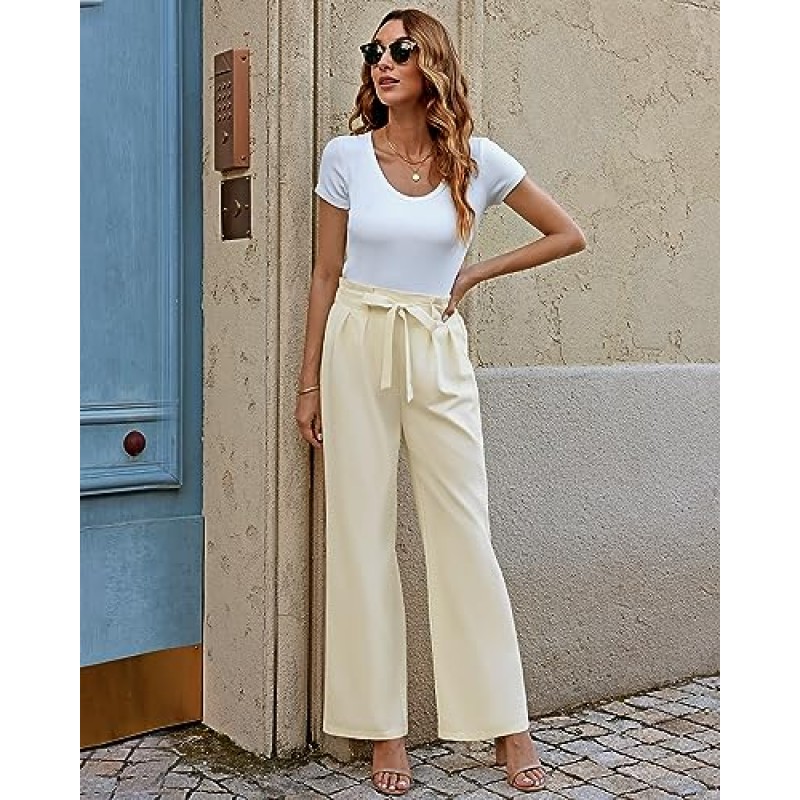 GRAPENT 드레스 바지 여성 하이 웨이스트 와이드 레그 작업 바지 Dressy 캐주얼 트렌디 탄성 허리 Pleated Belted Trousers