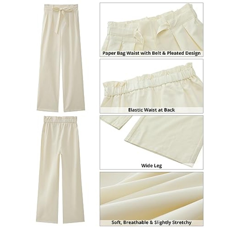 GRAPENT 드레스 바지 여성 하이 웨이스트 와이드 레그 작업 바지 Dressy 캐주얼 트렌디 탄성 허리 Pleated Belted Trousers