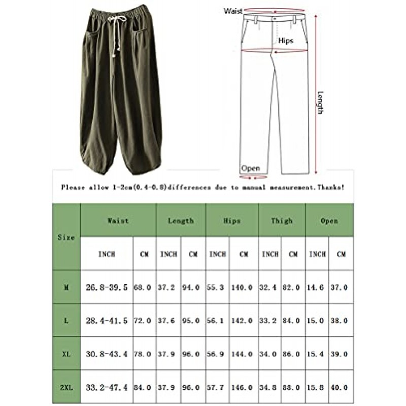 Cofouen 여성용 코튼 하렘 바지 신축성 있는 허리 드로스트링 와이드 레그 팬츠 헐렁한 카프리 바지