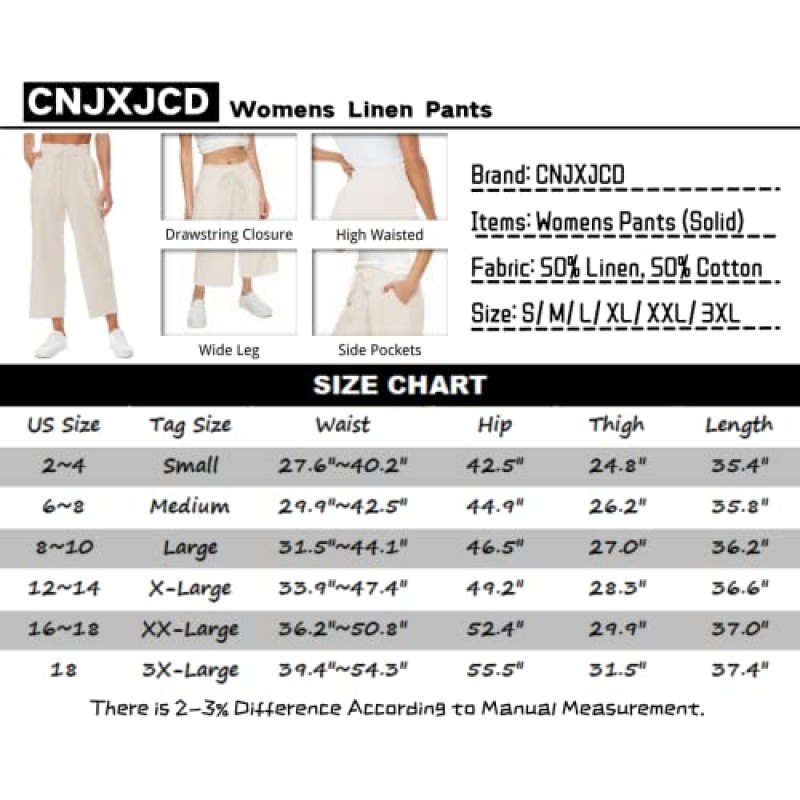 CNJXJCD 여성용 리넨 팬츠 와이드 레그 하이 웨이스트 드로스트링 포켓이 있는 캐주얼 플로위 팬츠