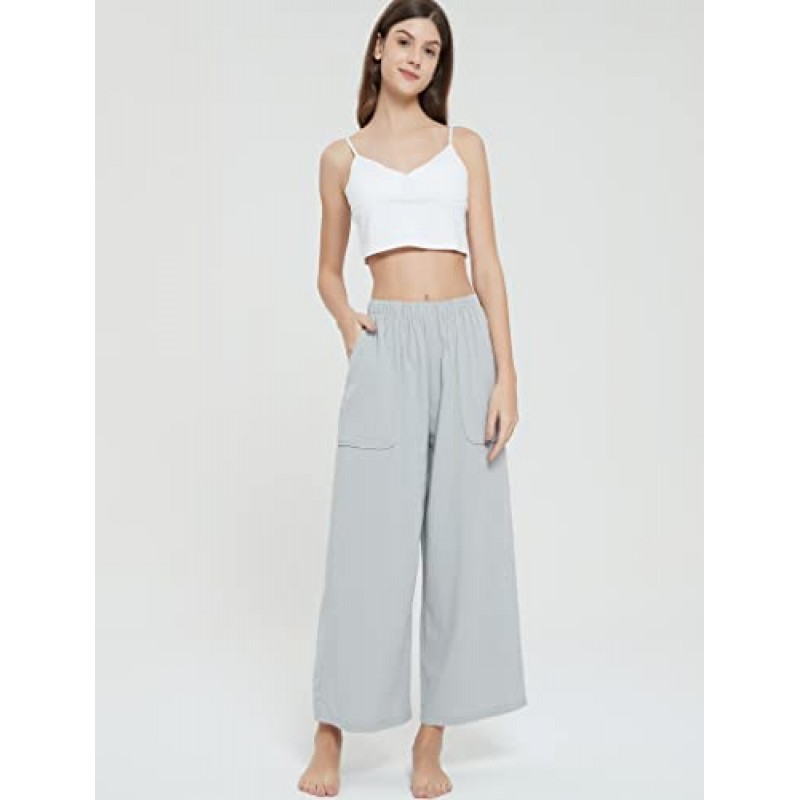 Zebemay 여성 코튼 린넨 와이드 레그 팬츠 하이 웨이스트 라운지 Palazzo Flowy Trousers with Pockets S-XXL