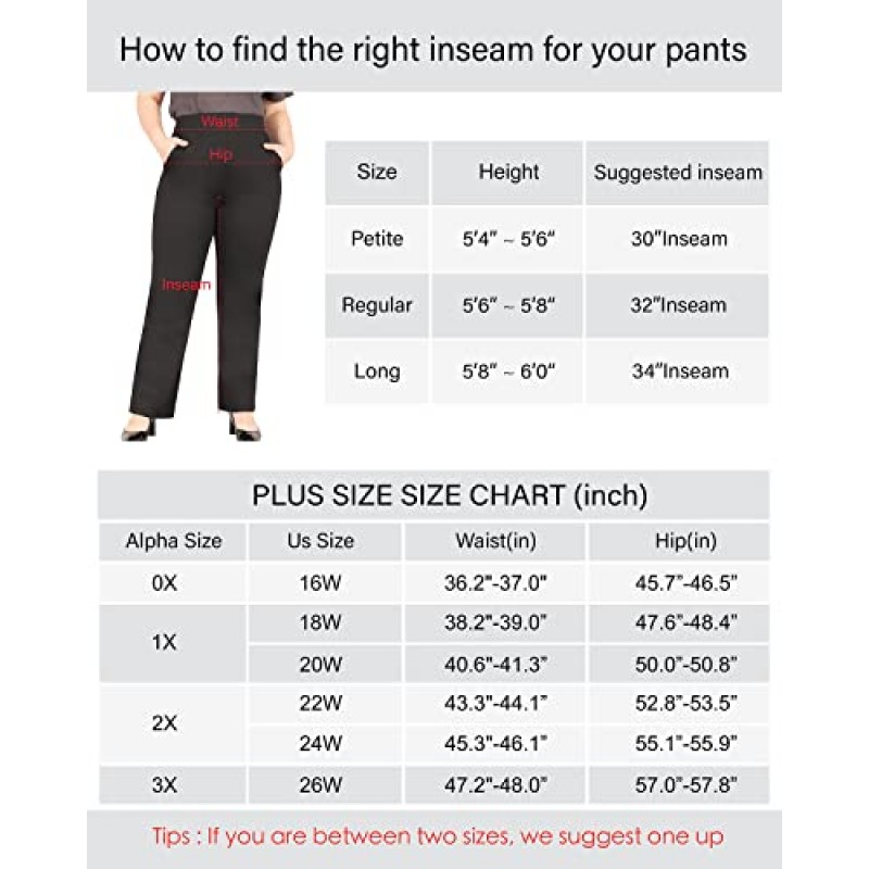 Bamans 여성용 플러스 사이즈 드레스 바지 신축성 있는 풀 온 루즈 부츠컷 비즈니스 작업 인과 슬랙스(경사 주머니 포함)