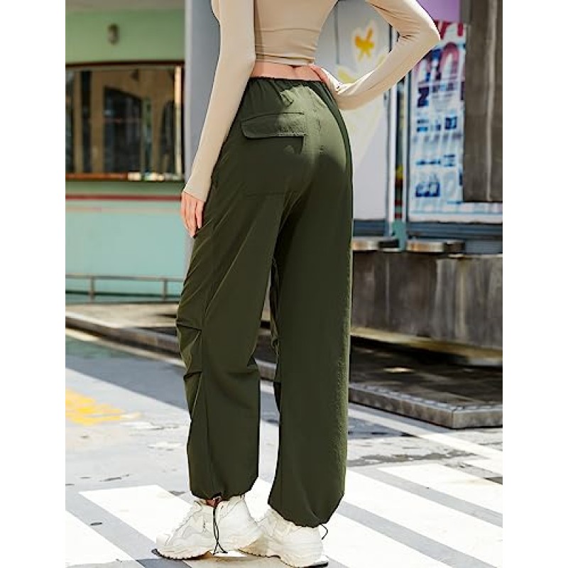 Micoson 여성용 낙하산 바지 조절 가능한 헐렁한 카고 바지(포켓 포함) Drawstring Straight Leg Pants Ruched Trousers