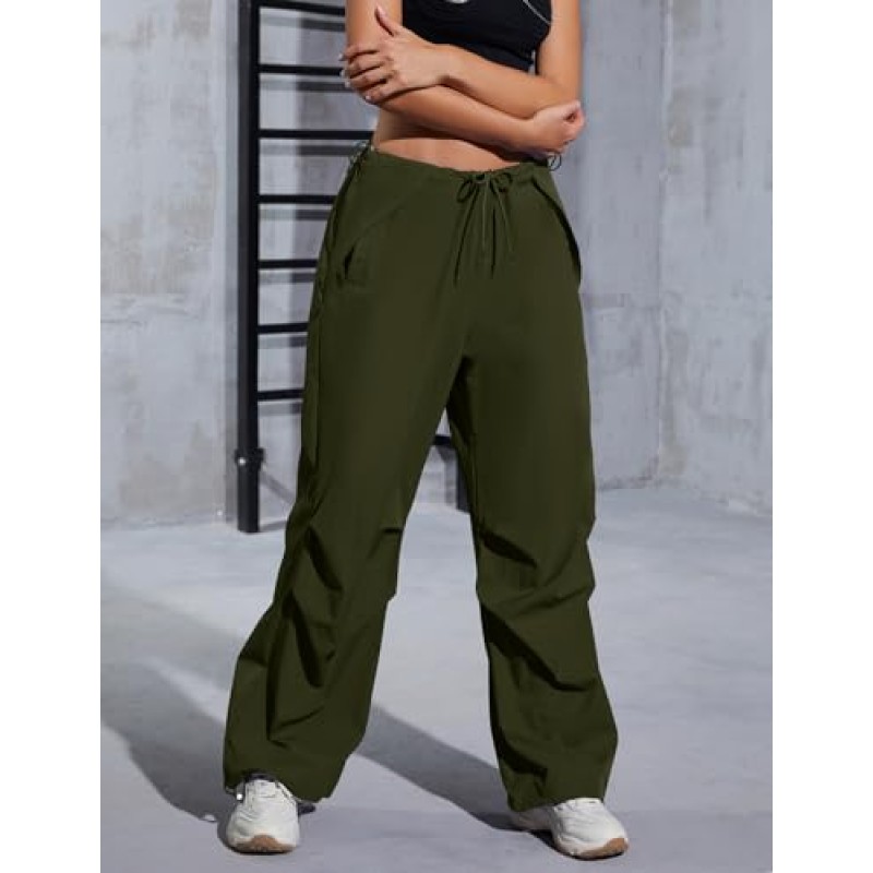 Micoson 여성용 낙하산 바지 조절 가능한 헐렁한 카고 바지(포켓 포함) Drawstring Straight Leg Pants Ruched Trousers