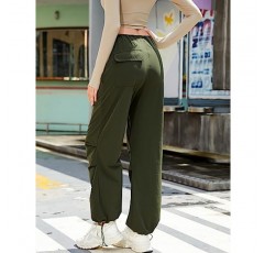 Micoson 여성용 낙하산 바지 조절 가능한 헐렁한 카고 바지(포켓 포함) Drawstring Straight Leg Pants Ruched Trousers