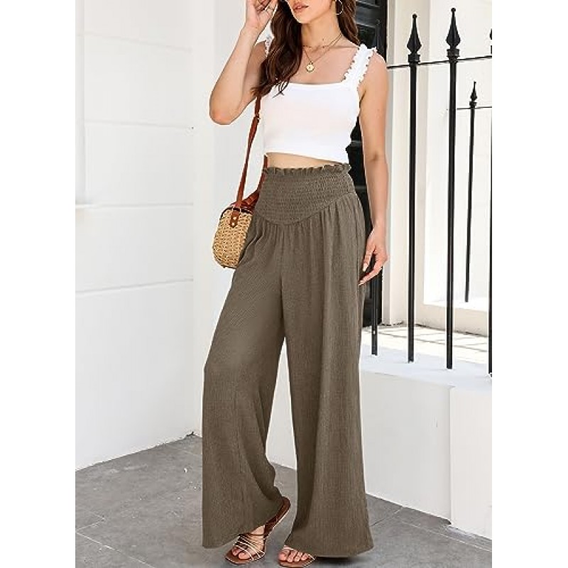 Acelitt 여성용 와이드 레그 팬츠 고탄성 허리 Flowy Palazzo Pants 여름 캐주얼 루즈한 편안한 바지