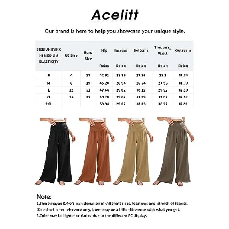 Acelitt 여성용 와이드 레그 팬츠 고탄성 허리 Flowy Palazzo Pants 여름 캐주얼 루즈한 편안한 바지